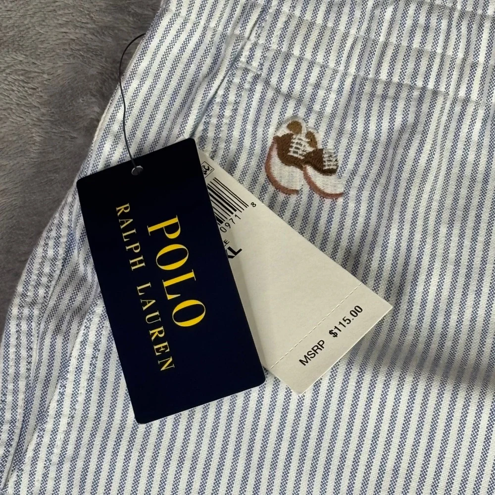 Polo Ralph Lauren Shorts Men XL Blue Seersucker Striped Saddle Shoe Embroidered
